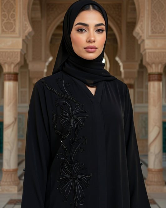 Elegant Black Handwork Abaya – Korean Internet Fabric