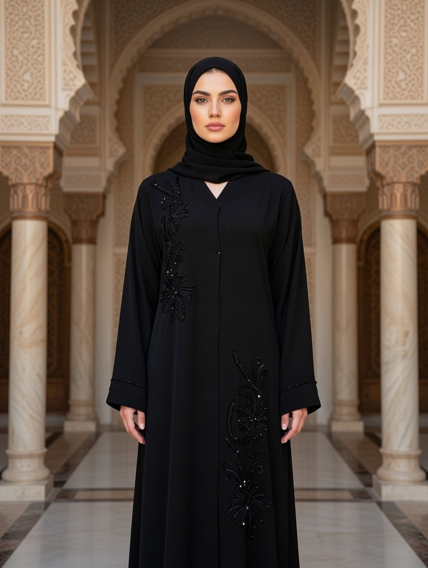 Elegant Black Handwork Abaya – Korean Internet Fabric